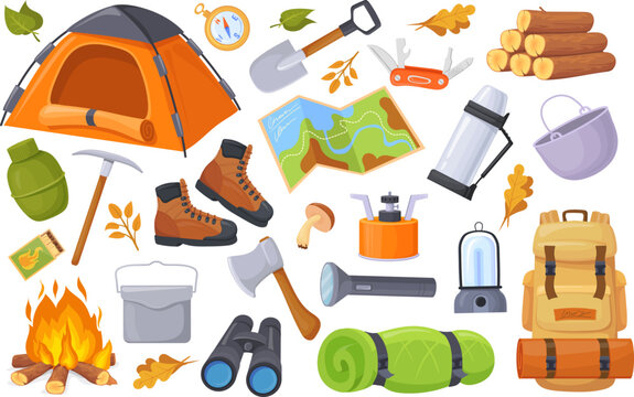 Outing equipment. Camping equipments, cartoon travel trekking scouts tool, hiking gear adventure trip rucksack tent camp object tourism summer vacation set neat vector illustration
