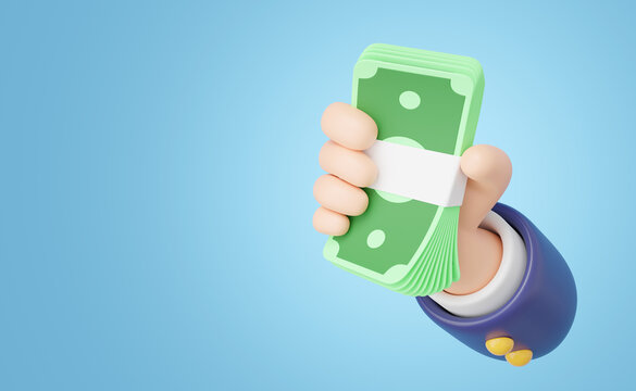 3D Hand holding bundle banknote icon. Cartoon businessman wearing suit hold cash money floating isolated on blue background. Money saving, shopping online payment concept. 3d Cartoon minimal render