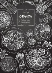 Asian food engraved sketch. Noodle dishes top view frame. Food menu design with cooked noodles . Vintage hand drawn sketch vector illustration. Asian cuisine menu background.