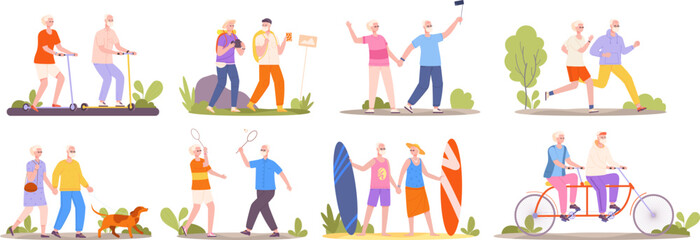 Seniors couple activities. Old people active lifestyle happy grandparents travel activity elderly walking dog cycling retirement older sport exercise, splendid vector illustration