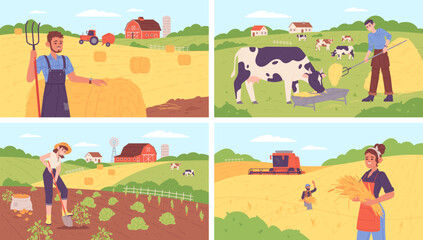 Countryside landscape workers. Peasant cultivating soil field agriculture, garden farmer farmland worker harvest hay bale on cow grassland countryside, garish vector illustration