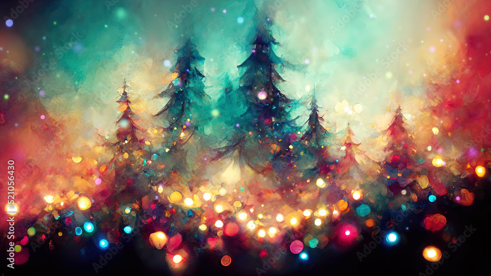 Wall mural magical forest with christmas trees and glowing lights