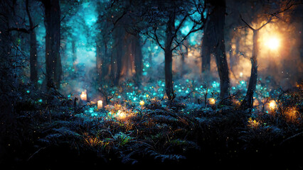 Magical fairy tale forest landscape background with glowing lights - obrazy, fototapety, plakaty