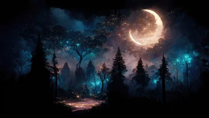 Crédence de cuisine en verre imprimé Forêt des fées Lune lumineuse au-dessus de la forêt sombre magique de conte de fées
