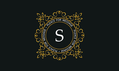 Luxury background of golden color and letter S. Template for design elements of ornament, label, logotype