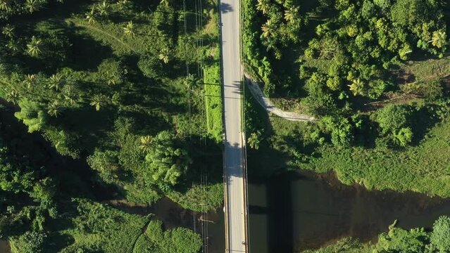 Bridge above Maimon river at Nisibon eco park on way from Higuey to Miches. Dominican Republic. Aerial top view