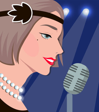 Beautiful Singer Woman And Microphone. The Great Gatsby Aesthetics Female. Jazz Singer. Old-fashioned Singer. 1920s Style Woman. Pretty Woman Singing On Stage With Spotlights Vector Illustration.