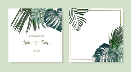 Floral cards set with tropical leaves. Summer vintage frame. For wedding, birthday, party, save the date. Vector illustration.