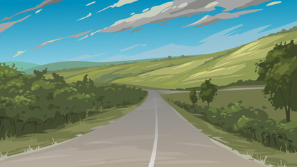 Landscape with road and clouds, vector illustration