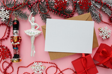 christmas card for children. ballerina and nutcracker figurine on christmas tree