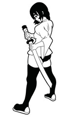 A samurai warrior girl stands pulling out a katana from a scabbard, drawn in a cartoon style of Japanese anime and manga comics, she is wearing a kimono contour drawing coloring book with shadows