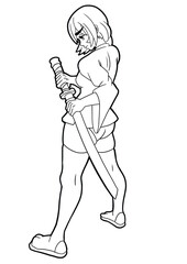 A samurai warrior girl stands pulling out a katana from a scabbard, drawn in a cartoon style of Japanese anime and manga comics, she is wearing a kimono and stockings contour drawing coloring book