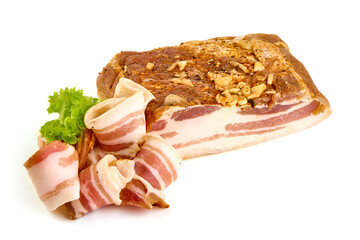 Smoked Bacon, dry cured and air dried, pork belly, isolated on white background.