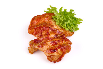 Grilled BBQ Chicken Legs with lettuce, isolated on white background.