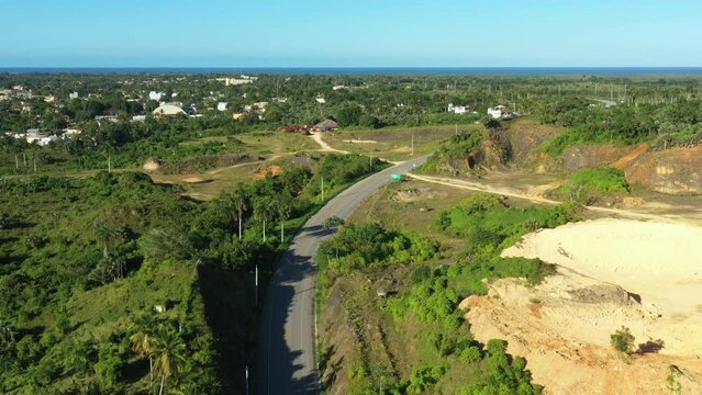 Bridge above Maimon river at Nisibon eco park on way from Higuey to Miches. Dominican Republic. Aerial top view
