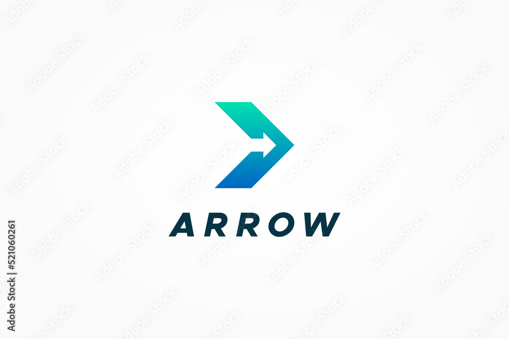 Poster right arrow logo. blue green gradient geometric arrow shape with negative space style isolated on wh