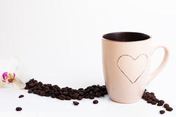 coffee beans and mug on white background side view