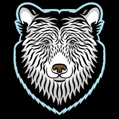 Bear head vector drawing. Grizzly bear art drawing illustration. The head of the  beast painted with black strokes Isolated on black background. Can be used for printing on t-shirts, posters, stickers