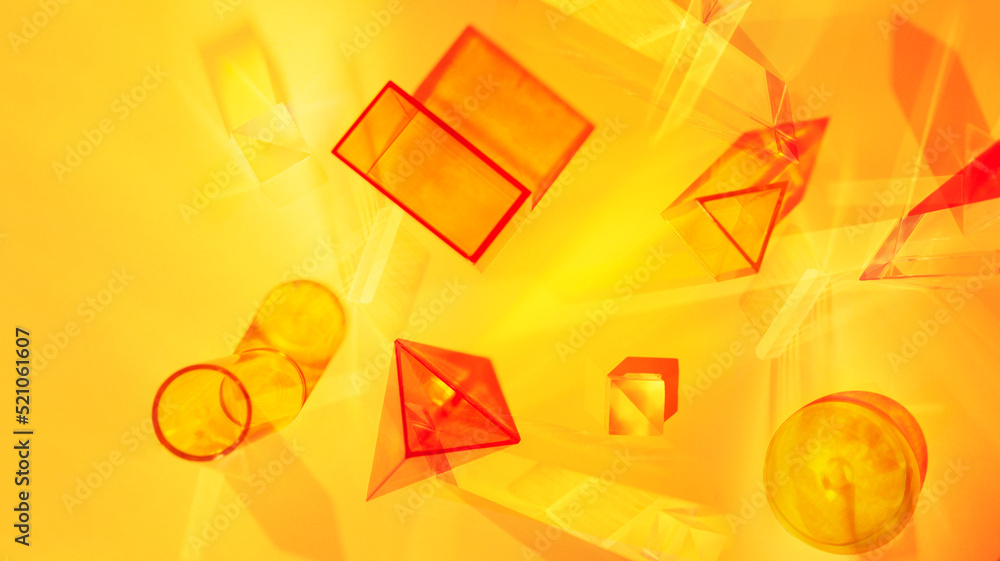 Wall mural abstract scene with geometric shapes and light rays on an orange-yellow background. set of colored t