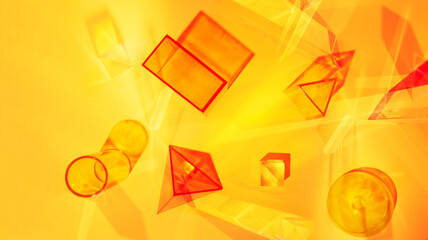 Abstract scene with geometric shapes and light rays on an orange-yellow background. Set of colored...