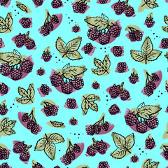 blackberry berries seamless pattern hand drawn illustration with watercolor brush strokes