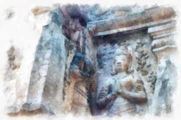 Naklejka na ściany i meble Ancient architecture of northern thailand watercolor style illustration impressionist painting.