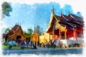 Naklejka premium Ancient architecture of northern thailand watercolor style illustration impressionist painting.