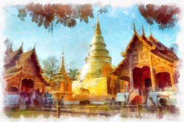 Fototapeta premium Ancient architecture of northern thailand watercolor style illustration impressionist painting.