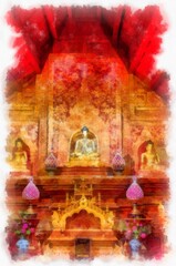 Ancient architecture of northern thailand watercolor style illustration impressionist painting.