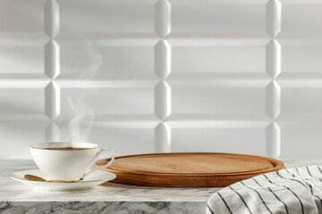 A cup of coffee on a marble table in the kitchen in the glow of the morning sun with a free space