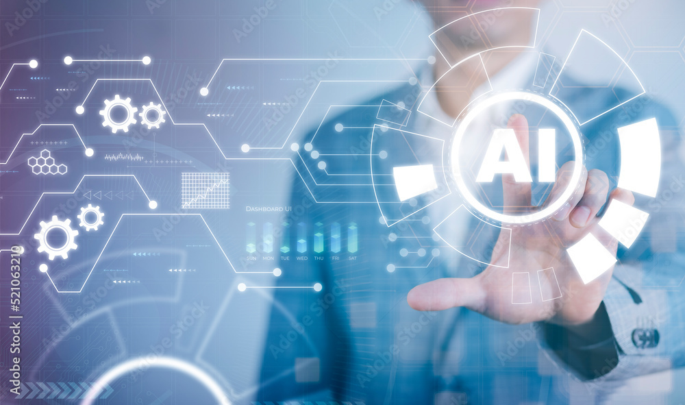 Poster businessman hold arrow with artificial intelligence (ai),on big data network machine learning and da