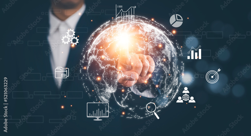 Poster metaverse with business concept, man using computer and touch virtual globe with financial icons fut