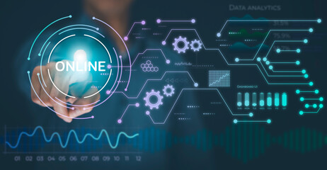 Hand touchscreen technology of Stock market or forex trading graph and candlestick chart suitable for financial investment concept, Economy trends background for business idea and all artwork design.