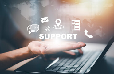 Communication and Contact us or Customer support hotline people connect. Hand using a laptop and touching on virtual screen contact icons, email and address, live chat with internet wifi.
