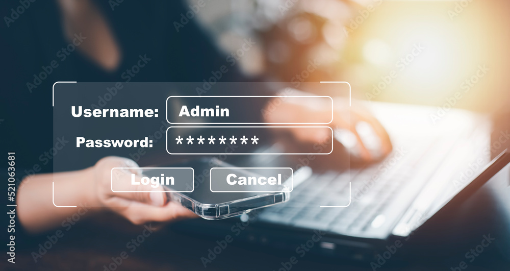 Poster security password login online concept hands typing and entering username and password of social med
