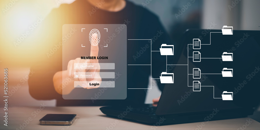 Poster security password login online concept hands typing and entering username and password of social med