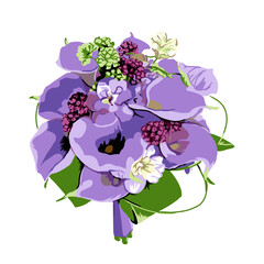 Classic calla lilies, bouquet of white and lilac flowers, greenery and eucalyptus, green leaves vector bouquets. Fashionable set of floral collections.