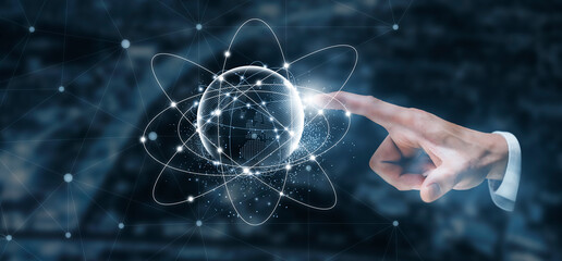 New innovation with icon business concept,Business hand holding a virtual globe with financial icons future technology, bitcoin goals, online communication,graph Screen Icon of a media screen,big data