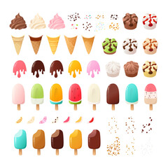 Elements to create your own ice pop and ice cream. Ice cones, cups, scoops and toppings. Isolated vector images