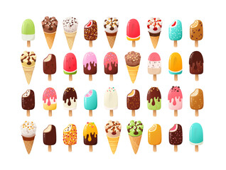 Elements to create your own ice pop and ice cream. Ice cones, cups, scoops and toppings. Isolated vector images