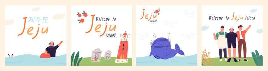 Set of posters with symbols of Jeju island in South Korea, cartoon flat vector illustrations. Cute childish whale swimming in sea. Haenyeo woman diving. Korean inscription of Jeju island.