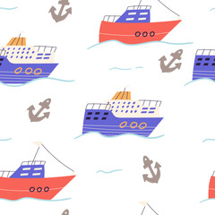 Fototapeta na wymiar Cute cruise ship seamless pattern, cartoon flat vector illustration on white background. Boat swimming on waves in the sea. Childish pattern for kids nursery or clothes.