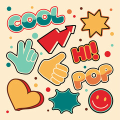 Collage banner retro pop of the 90s. Abstract background with inscriptions and stickers. Cool trendy vector design illustration.