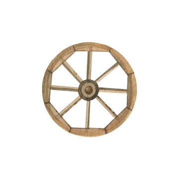 Old wooden wheel.   Watercolor hand-drawn illustration. Isolated object on a white background. Perfect for your design.
