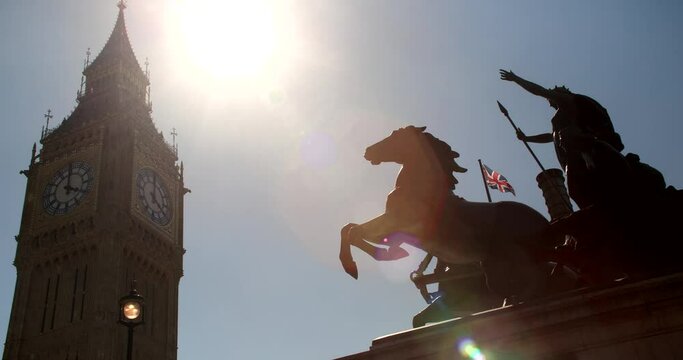 Big Ben, Houses of Parliament and Union Jack Flag on Westminster Bridge, London, England