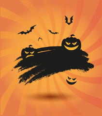 Vector background with black form drawn by hand with pumpkins and flying bats on the bright orange background