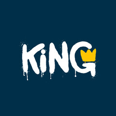 Inscription spray painted-King. Street graffiti lettering with grunge fonts. Urban savage spray paint art. Cool teenage graffiti cartoon design vector. Creative black and white writing with drips.