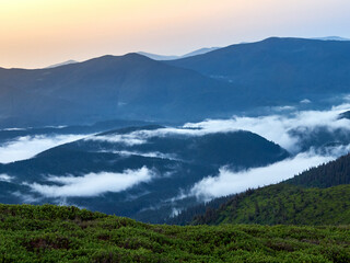 Panoramic view of mountains. Scenic mountain landscape.  Carpathian, Ukraine.