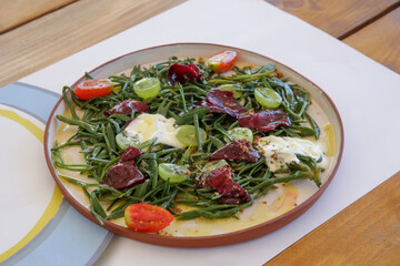 Fresh and healthy summer Crithmum salad. Exquisite dish, creative restaurant meal concept.