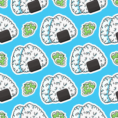 Onigiri rice with wasabi, vector seamless pattern in the style of doodles, hand drawn